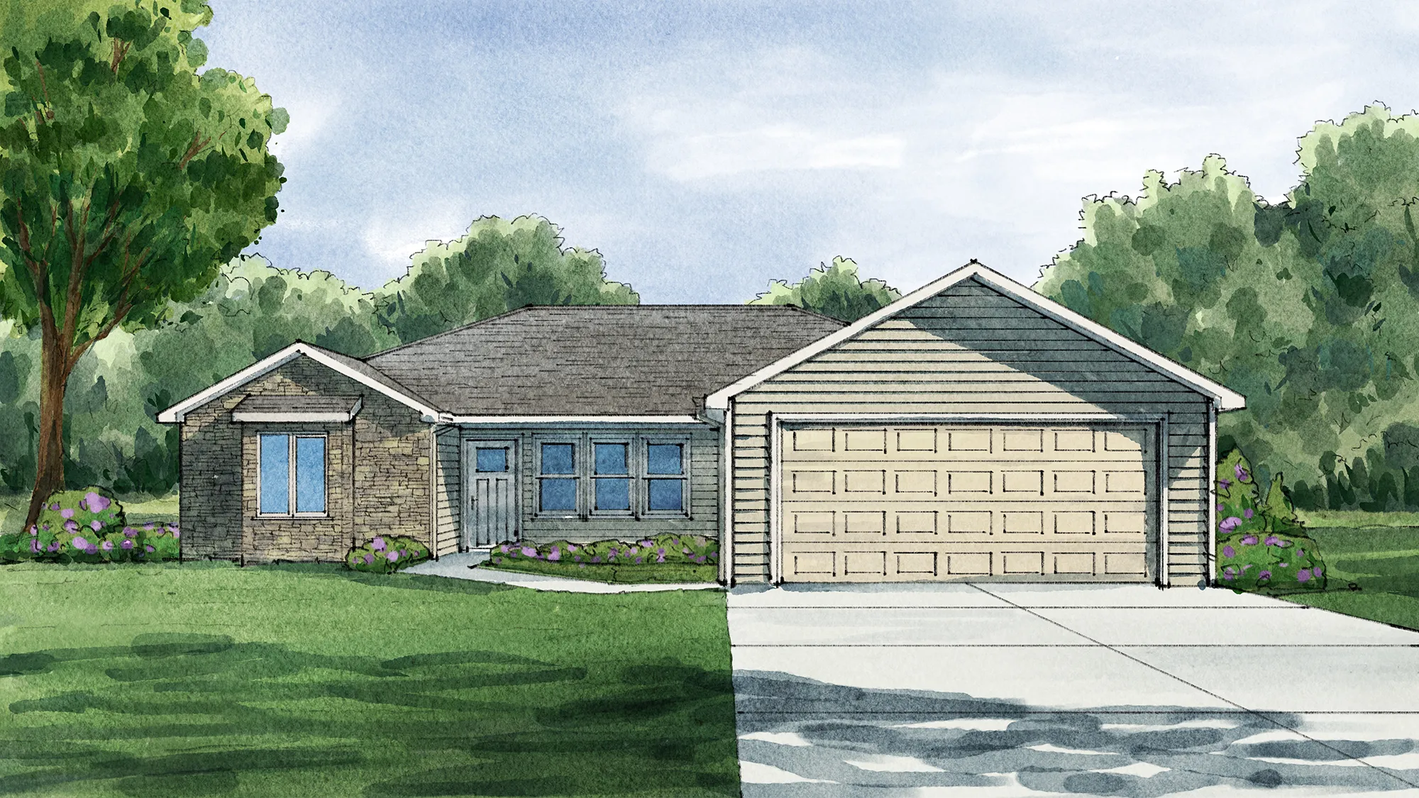 This illustration depicts a newly constructed single-story Carlisle home in Adrian, Michigan. The house features light siding, a two-car garage, and a concrete driveway leading to the front porch, all set amidst abundant greenery under a clear blue sky.
