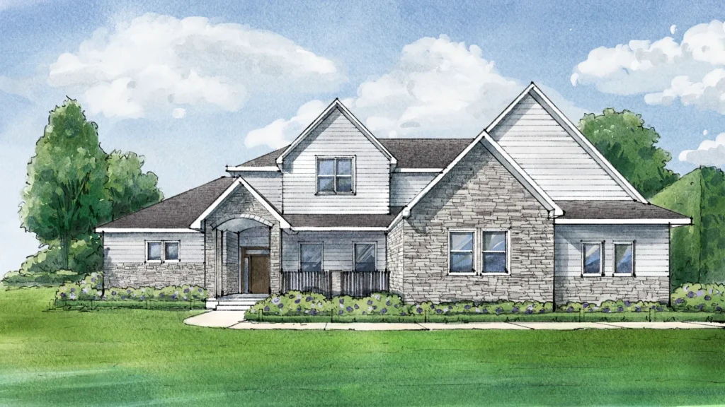 This illustration shows a newly built two-story home with light siding, stone accents, and a welcoming covered entry. Surrounded by greenery and set under a bright blue sky with scattered clouds, the house blends elegance with a natural setting. Located in Adrian, Michigan.