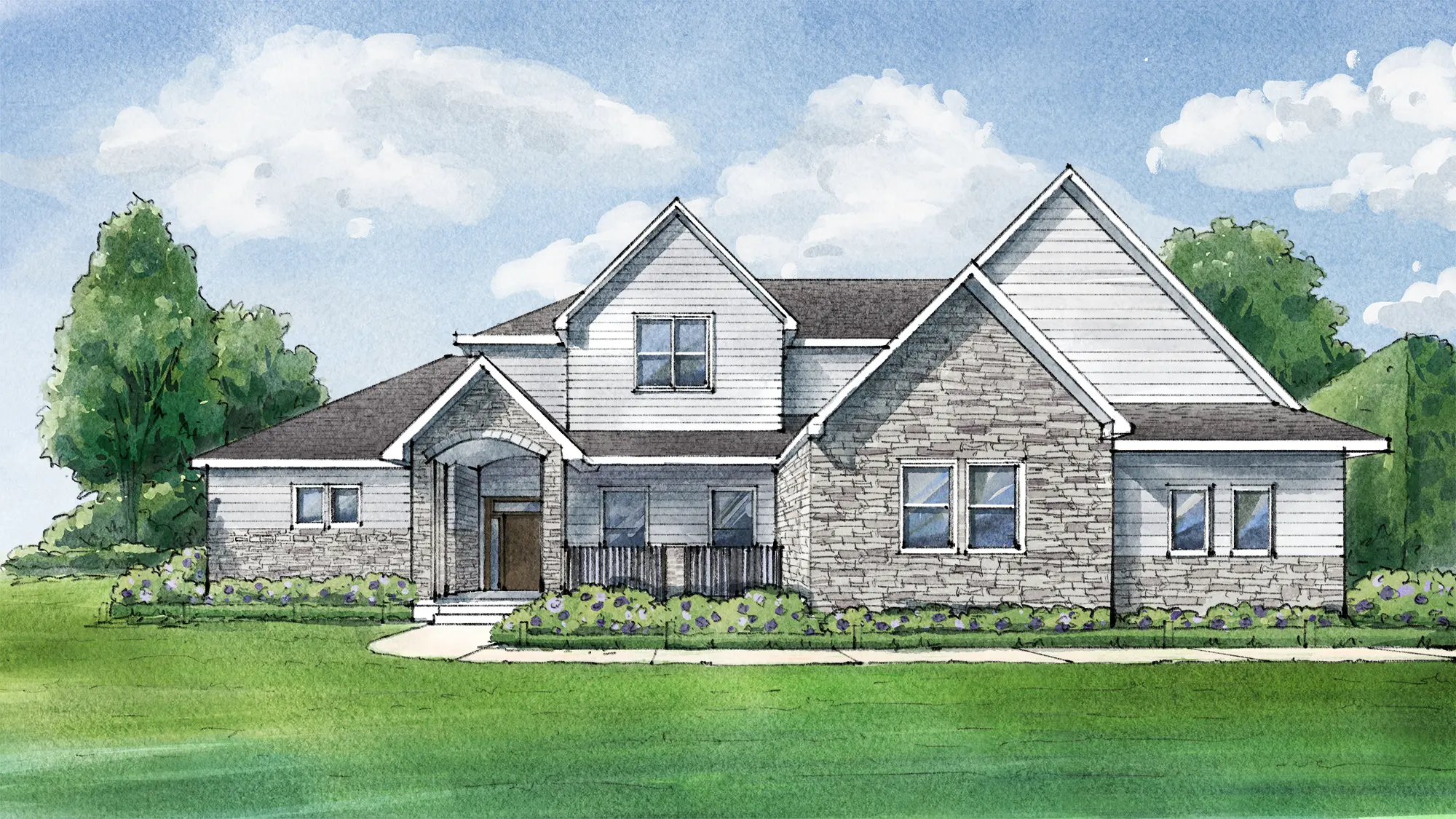 This illustration shows a newly built two-story home with light siding, stone accents, and a welcoming covered entry. Surrounded by greenery and set under a bright blue sky with scattered clouds, the house blends elegance with a natural setting. Located in Adrian, Michigan.