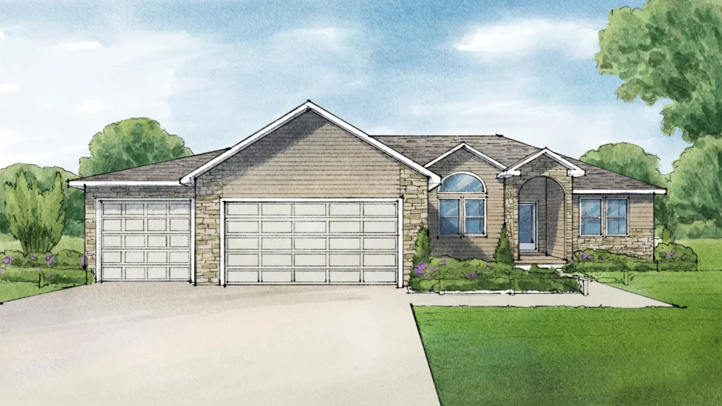 This illustration shows a charming light-toned brick and stone residence with a brown shingle roof, three car garage doors, and an arched front entry beneath a large bay window. A paved driveway, neat shrubs, green lawn, and leafy trees surround the home under a soft blue sky with scattered clouds. Located in Adrian, Michigan.