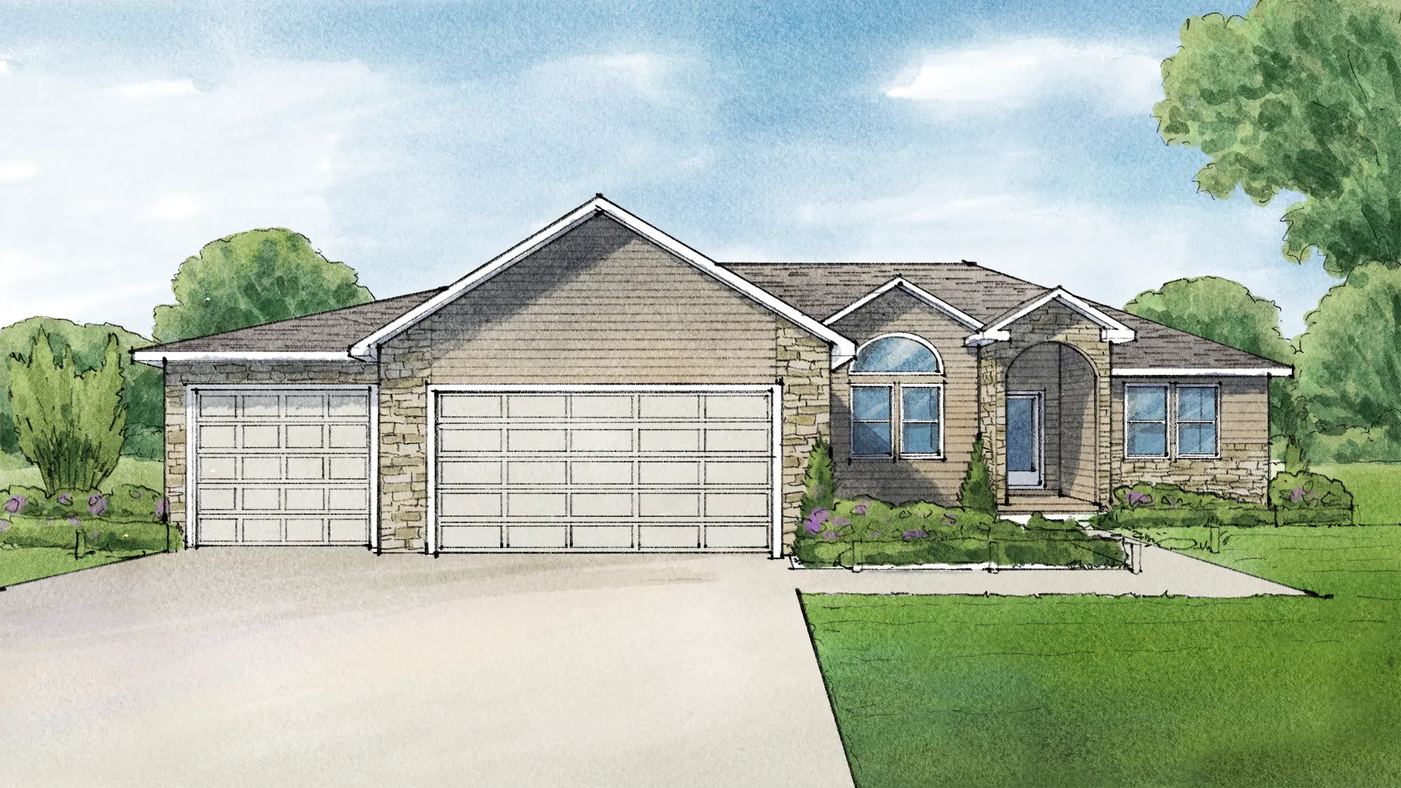This illustration shows a charming light-toned brick and stone residence with a brown shingle roof, three car garage doors, and an arched front entry beneath a large bay window. A paved driveway, neat shrubs, green lawn, and leafy trees surround the home under a soft blue sky with scattered clouds. Located in Adrian, Michigan.