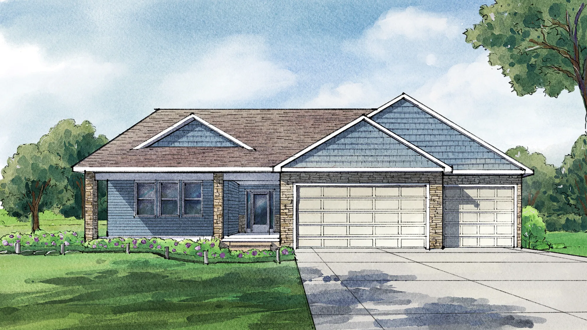 This illustration shows a contemporary ranch-style home with stone exterior, brown roof, covered front porch, three evenly spaced windows, and two white detached garages. It’s surrounded by a lawn, light-purple shrubs, mature trees, and a light-colored paved driveway under a soft blue sky with watercolor-style clouds. Located in Adrian, Michigan.