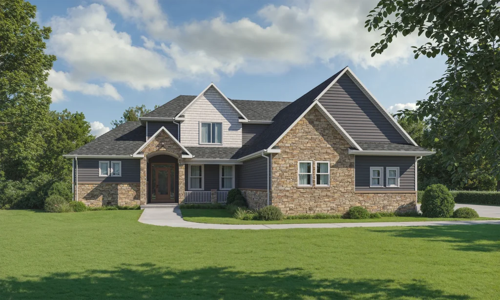 This is Lot 8 Lenawee Hills, a newly built two-story home featuring stone and dark siding, a steep gabled roof, and an arched entryway with a curved pavement. It sits on a wide green lawn surrounded by trees. Located in Adrian, Michigan.
