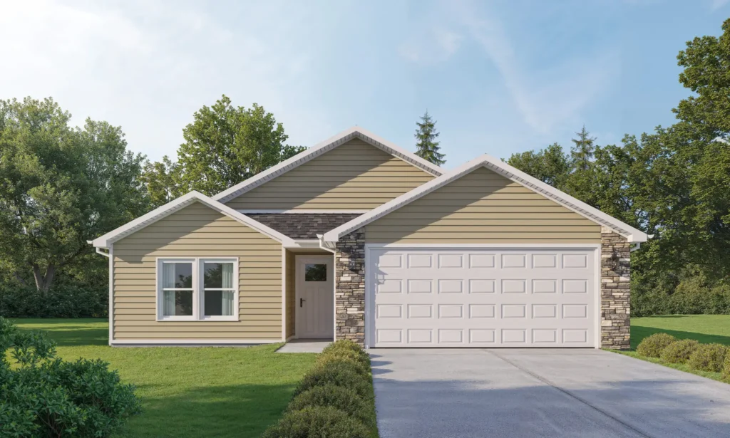 Modern one-story home with tan siding, stone accents, and an attached garage. Bright windows bring in natural light, all set in a peaceful green environment. Located in Adrian, Michigan.
