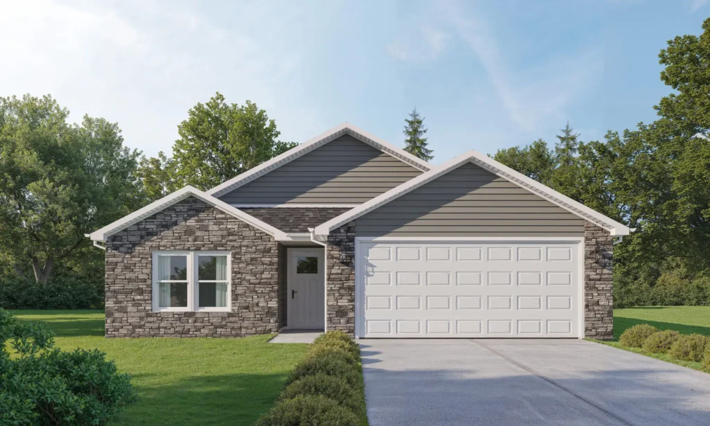 Charming single story home with a stone-accented front, spacious garage, and open lawn. Enjoy living in a serene, green environment. Located in Adrian, Michigan.