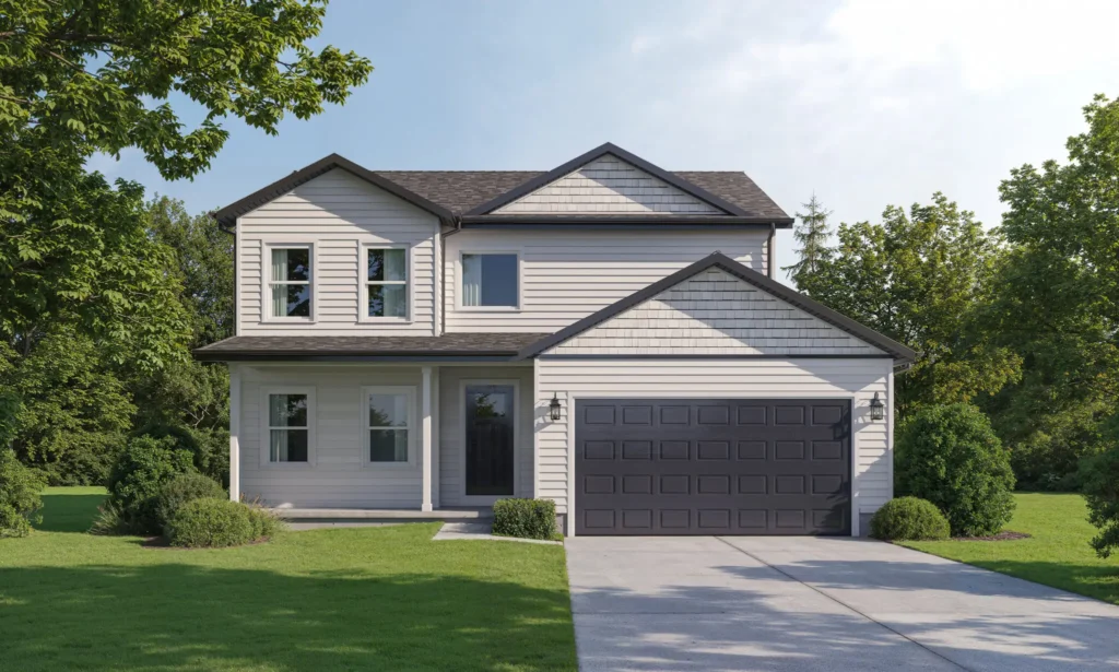 Two-story modern home surrounded by lush greenery and open space. Features a spacious garage, fresh exterior design, and peaceful suburban setting. Located in Adrian, Michigan.