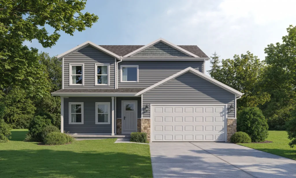 Two-story modern home surrounded by lush greenery and open space. Features a spacious garage, fresh exterior design, and peaceful suburban setting available in Adrian, Michigan.