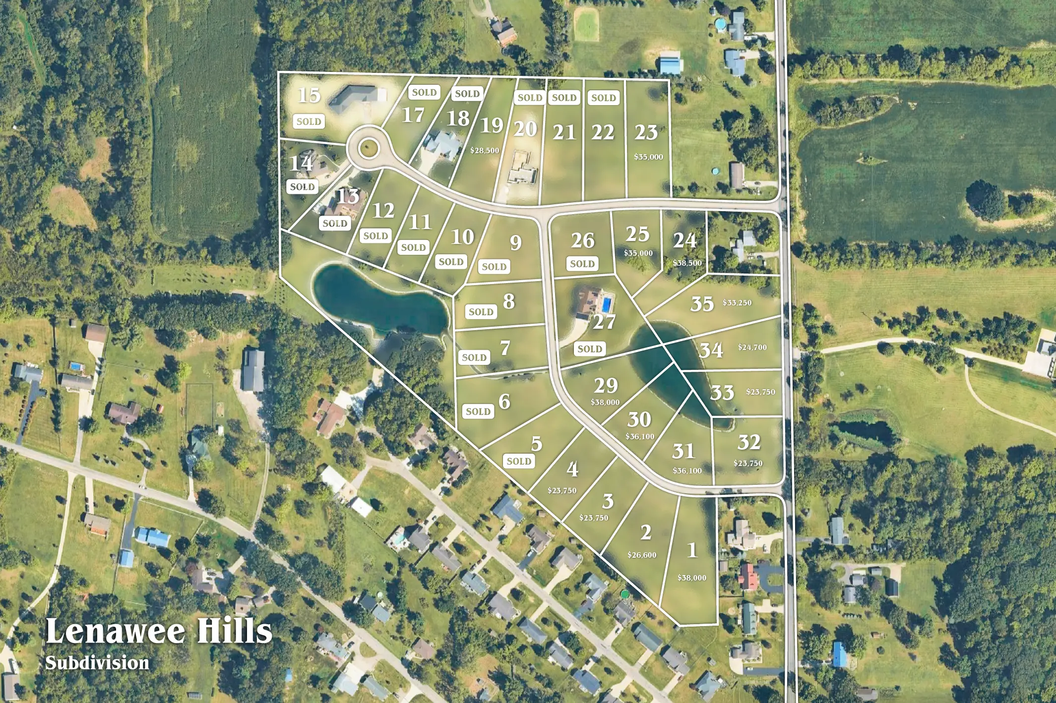 The Lenawee Hills Subdivision is depicted on this aerial map along with 35 numbered plots, roads, and two ponds, where 14 of the plots are marked as sold, and 21 plots are still available with prices listed on them. In addition to connecting the surrounding greenery with neighboring homes and farmland, the layout includes a central cul-de-sac.
