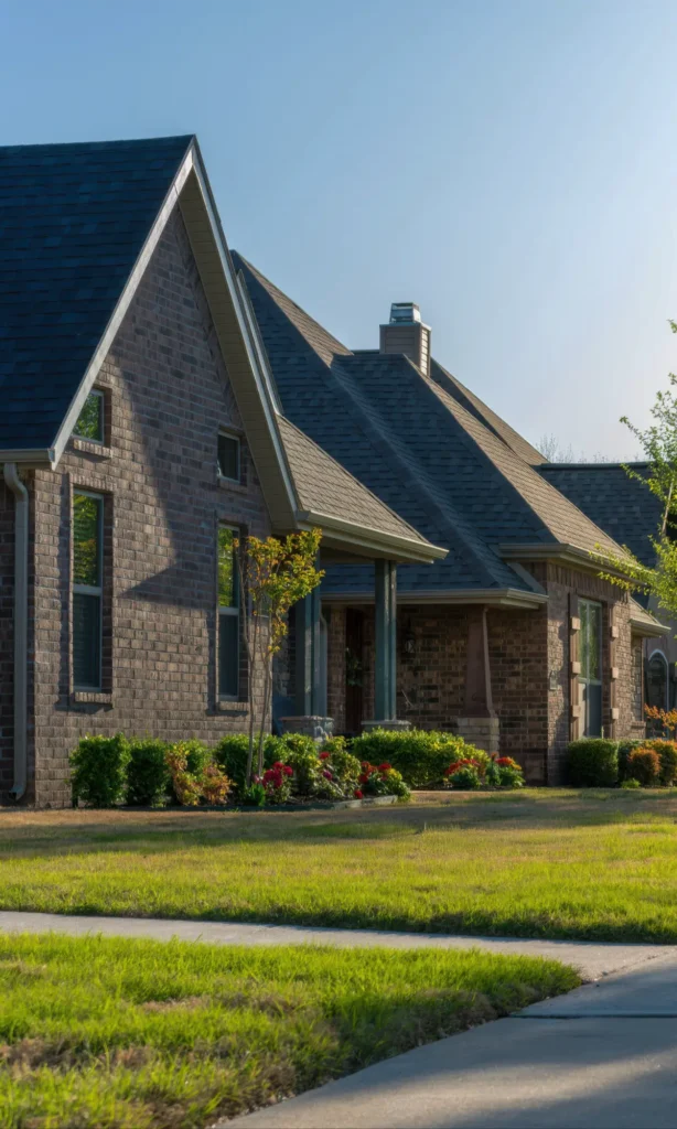 This image shows modern brick houses featuring steep gable roofs with dark shingles and large front windows. The front yards are neatly landscaped with shrubs, flowers, and a sidewalk running along the edge.