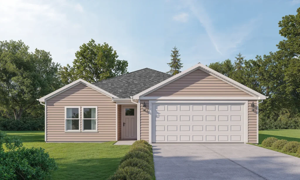 The Vernon is a modern, one-story house with beige siding, white trim, and a double garage on the right. The garage and front door are on a concrete path. There are two white-framed windows on the left side, and the lawn and trees are neat and green under a bright blue sky. Located in Adrian, Michigan.