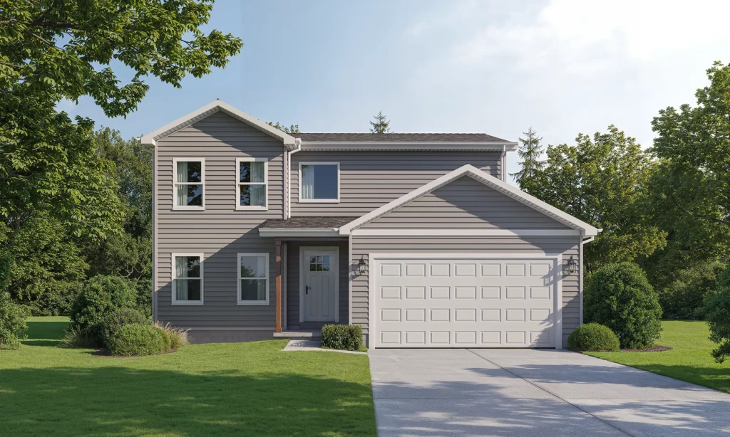 The West Port, a contemporary two-story home with white trim, light gray siding, and a double garage on the right is depicted in this picture. There are white-framed windows on both floors, a well-kept green lawn with trees surrounding it, and a concrete driveway that leads up to the garage and front door. Located in Adrian, Michigan.