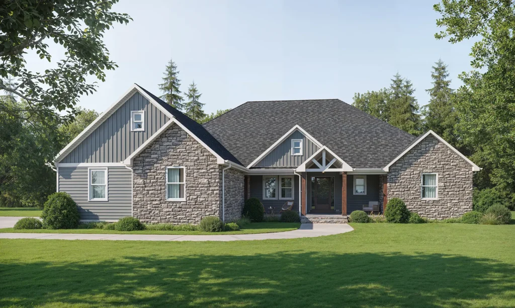 This image depicts a single-story house with light stone walls, dark gray siding, and a dark roof. It stands on a wide green lawn with trees surrounding it in the background.